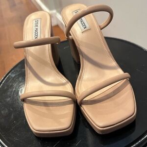 Steve Madden Beige Two-Strap Square Toe Block Heels